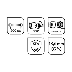 Détails du flexible de douche en métal baliv BSL-200.10 : longueur, protection anti-torsion, universel, norme KTW, diamètre.
