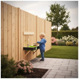 Cucina da esterno in legno Exit Toys Yummy 50 con bambino che gioca in giardino.