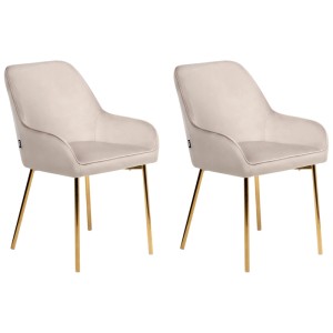 Lot de 2 chaises de salle à manger Loverna en velours beige avec pieds en métal doré.