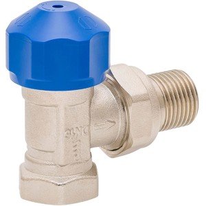 Vanne thermostatique d'angle Mateu DN15, pré-réglable, avec capuchon bleu pour chauffage.