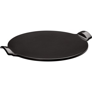 Runder, grauer Keramik-Pizzastein Ø 37 cm mit Griffen. Ideal für knusprige Pizza aus Backofen & Grill.