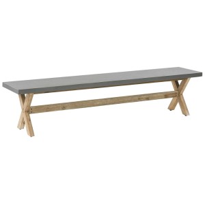 Banc de jardin Olbia en fibrociment gris avec piètement en bois d'acacia clair et pieds en X, style industriel.