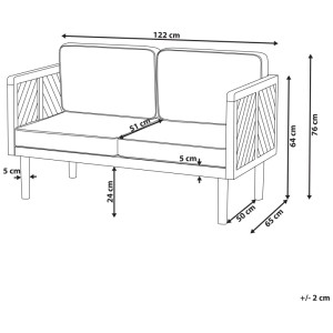 Schéma : Canapé Beliani Baratti en acacia, mobilier de jardin lounge 2 places marron avec dimensions.