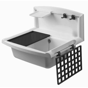 Lavatoio bianco Multi con ripiano, ganci e vaschetta raccogligocce per cantina, garage o officina.