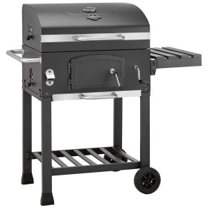 Barbecue à charbon noir Jamestown Jaxon avec couvercle, table latérale et étagère.