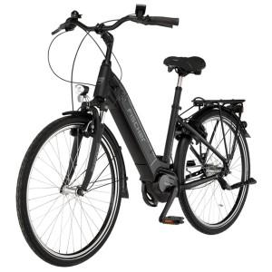 Vélo électrique de ville Fischer Cita 4.1i noir avec pneus 28 pouces et porte-bagages.