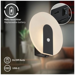 Applique sans fil Briloner Aurora, noire, Ø 15cm, avec détecteur de mouvement et USB-C.