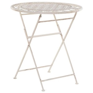 Tavolino da giardino Beliani Tieste pieghevole in metallo beige con piano rotondo.