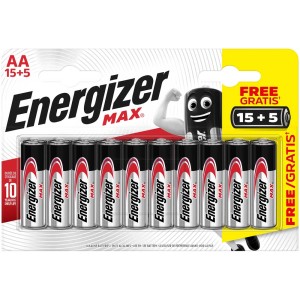 Batterie Energizer Alkaline Max AA, confezione da 20 per lunga durata.