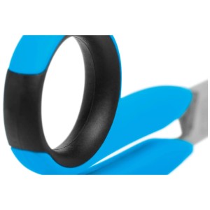 Dettaglio: forbici di sicurezza Martor Secuplus 363, acciaio inox, blu e nero, impugnatura ergonomica.