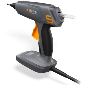 Pistolet à colle chaude Steinel Gluematic 5011, pistolet gris avec gâchette orange.