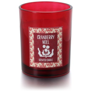 Bougie parfumée rouge Balthasar Cranberry Noël dans un verre, décoration de Noël festive.