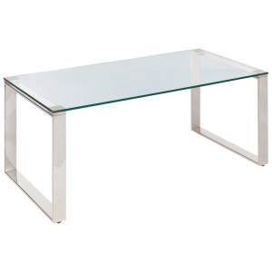 Élégante table basse Tilon avec verre de sécurité et cadre en acier inoxydable argenté.