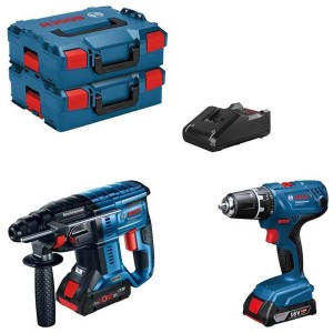 Set Bosch Professional GSR 18V-21 trapano avvitatore e GBH 18V-21 martello perforatore con batterie e L-Boxx.