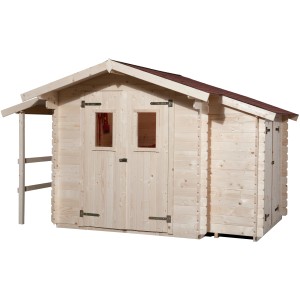 Casetta da giardino in legno Weka Bologna Plus non trattato con tetto a due falde ed estensione, 340x258 cm.