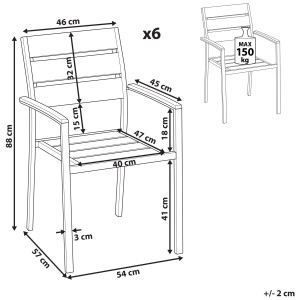 Schizzo: Set di sedie da giardino Beliani Vernio, 6 sedie, effetto legno chiaro, dimensioni e capacità di carico (max 150kg) indicate.