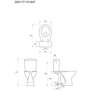 Disegno tecnico del set WC a terra Baliv 865 con sedile, dimensioni e dettagli.