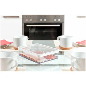 Contenitore per alimenti Rotho Loft piatto da 1 l in plastica trasparente, riempito con affettati.