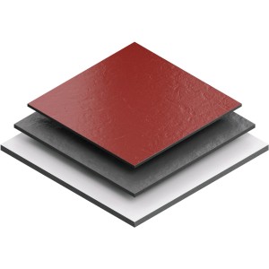 Vista in sezione di laminato in rosso, grigio e bianco, adatto per lame per seghetto alternativo Bosch.