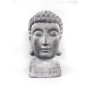 Dekorativer Buddha-Kopf für den Garten, aus grauem Steinzeug.