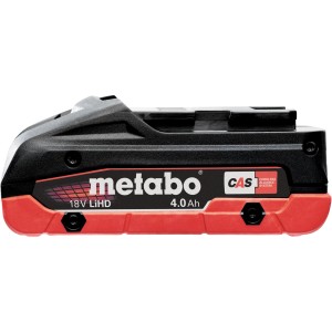 Batterie Metabo LiHD Air-Cooled 18 V/4 Ah pour outils électroportatifs, noir et rouge.
