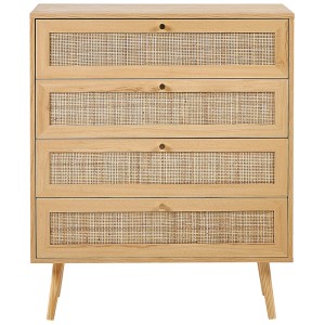 Commode Beliani Perote, marron clair avec rotin et quatre tiroirs.