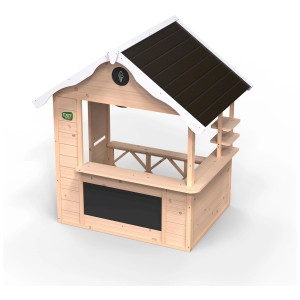 Maisonnette en bois Exit Hika avec comptoir et tableau noir pour jeux de rôle dans le jardin.