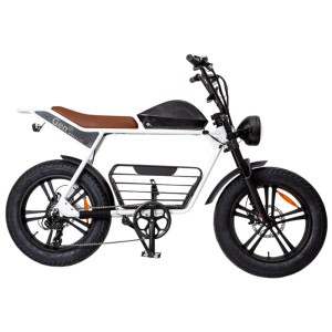 E-bike Gen2 Blazer Fat Tire bianca con sella marrone e pneumatici larghi.