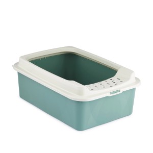 Lettiera per gatti Rotho Eco Bonnie Tray M in verde Mistletoe, con ingresso superiore e coperchio rimovibile.