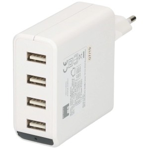 Weißer USB-Charger mit vier USB-Ports zum Laden mehrerer Geräte gleichzeitig.