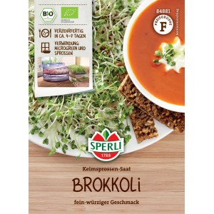 Graines germées de brocoli bio Sperli, avec soupe et pain dans une assiette.