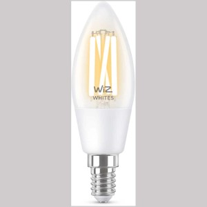 Lampadina LED WiZ E14 a candela, luce smart WiFi Bluetooth, 4.9W, design chiaro.
