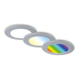 3er Set dimmbare LED Einbaustrahler mit RGB und CCT Funktion in Chrom-Matt für Bad & Wohnraum.