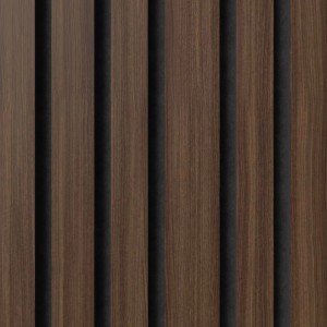 Akustikpaneel mit vertikalen Walnuss-Melamin-Lamellen und schwarzem Filz. Für Schallabsorption und modernes Wanddesign.