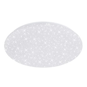 Plafonnier LED blanc avec décor étoilé, dimmable avec télécommande.