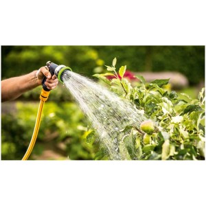 Pompe de jardin sans fil Bosch GardenPump 18V-2000 arrosant des plantes.