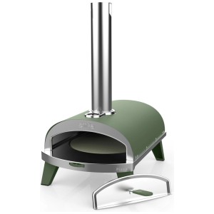 Four à pizza Ziipa Piana en acier inoxydable eucalyptus pour extérieur avec pierre en cordiérite et thermomètre.