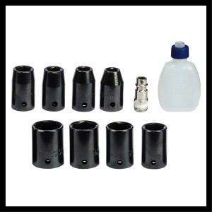 Accessori per avvitatore a impulsi Einhell TC-PW 340: 8 bussole, flacone olio e raccordo.