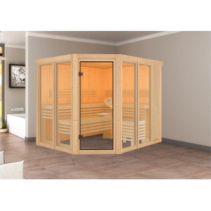 Karibu Sauna Airin 3 Natur: Sauna in legno massello con porta in vetro e tre panche in legno di pioppo.