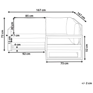 Schizzo del divano angolare da giardino Beliani Timor II in legno di acacia con dimensioni.