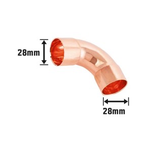Curva a saldare in rame, Ø 28 mm, angolo a 90 gradi per connessioni permanenti dei tubi.