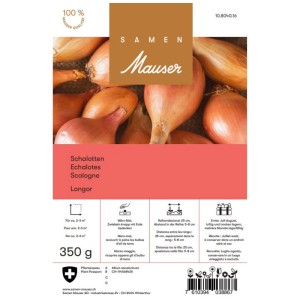 Sementi Mauser Scalogno Longor, confezione da 350g con scalogni oblunghi marrone chiaro.