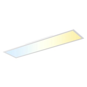Panneau LED Osram Essential Remote-CCT blanc, 100x25cm, avec dégradé de couleurs du bleu au jaune.