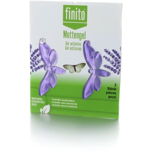 Finito Gel Antimites Lavande 2 pces. Emballage blanc avec distributeurs papillon violets. Protection insectes lavande.