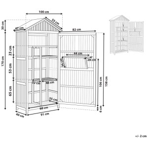 Schizzo del mobile da giardino Beliani Savoca in legno di acacia con dimensioni e porta aperta.