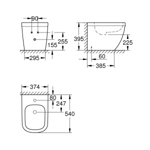 Disegno tecnico del bidet a terra Grohe Euro Keramik con dimensioni.