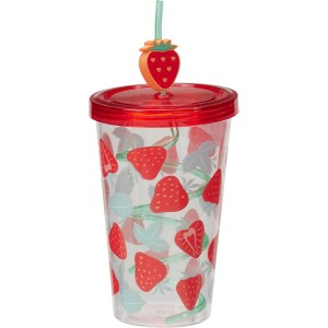 Gobelet en plastique avec motif fraise et paille, 600 ml.