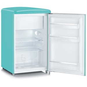 Offener, türkiser Severin Tischkühlschrank RKS 8834 im Retro-Design mit Innenraum und Ablagefächern.