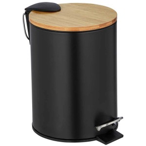 Wenko Pattumiera a pedale Tortona nera, 3L, con coperchio in bambù e pedale. Cestino cosmetico per bagno e toilette.