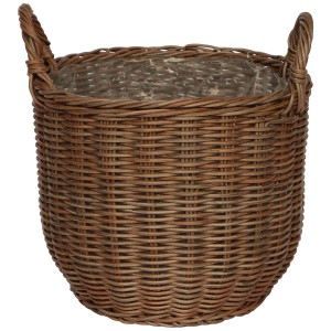Cesto in polyrattan marrone con manici, Ø 33 cm, altezza 34,5 cm. Ideale come portavaso per interni ed esterni.